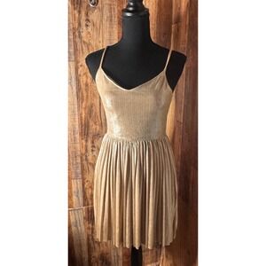 Gold Metallic Pleated Mini Dress Sleeveless‎ V-Neck Party Cocktail